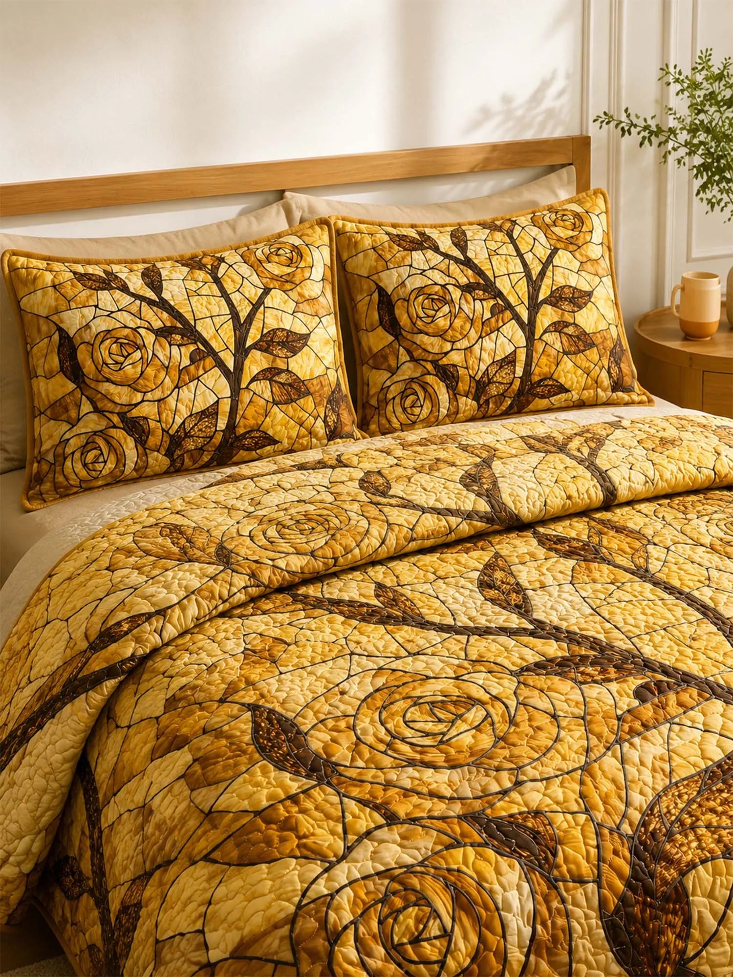 Golden Rose Quilted 3-Piece Bedding Set – Vintage Stained Glass Quilted Bedding With Matching Pillow Shams