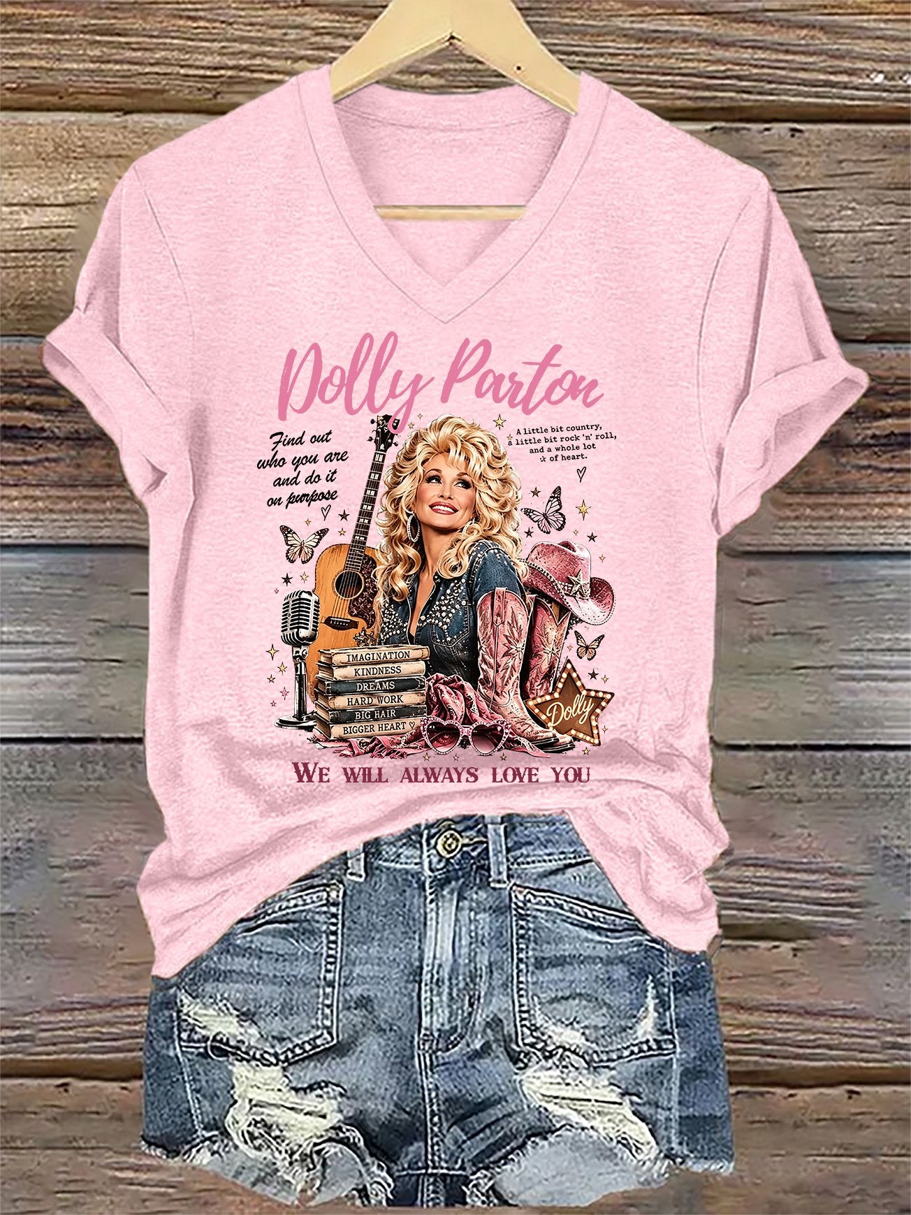 V-Neck Retro Find Out Who You Are And Do It On Purpose A Little Bit Country, A Little Bit Rock 'N' Roll, And A Whole Lot Of Heart. We Will Always Love You Print T-Shirt