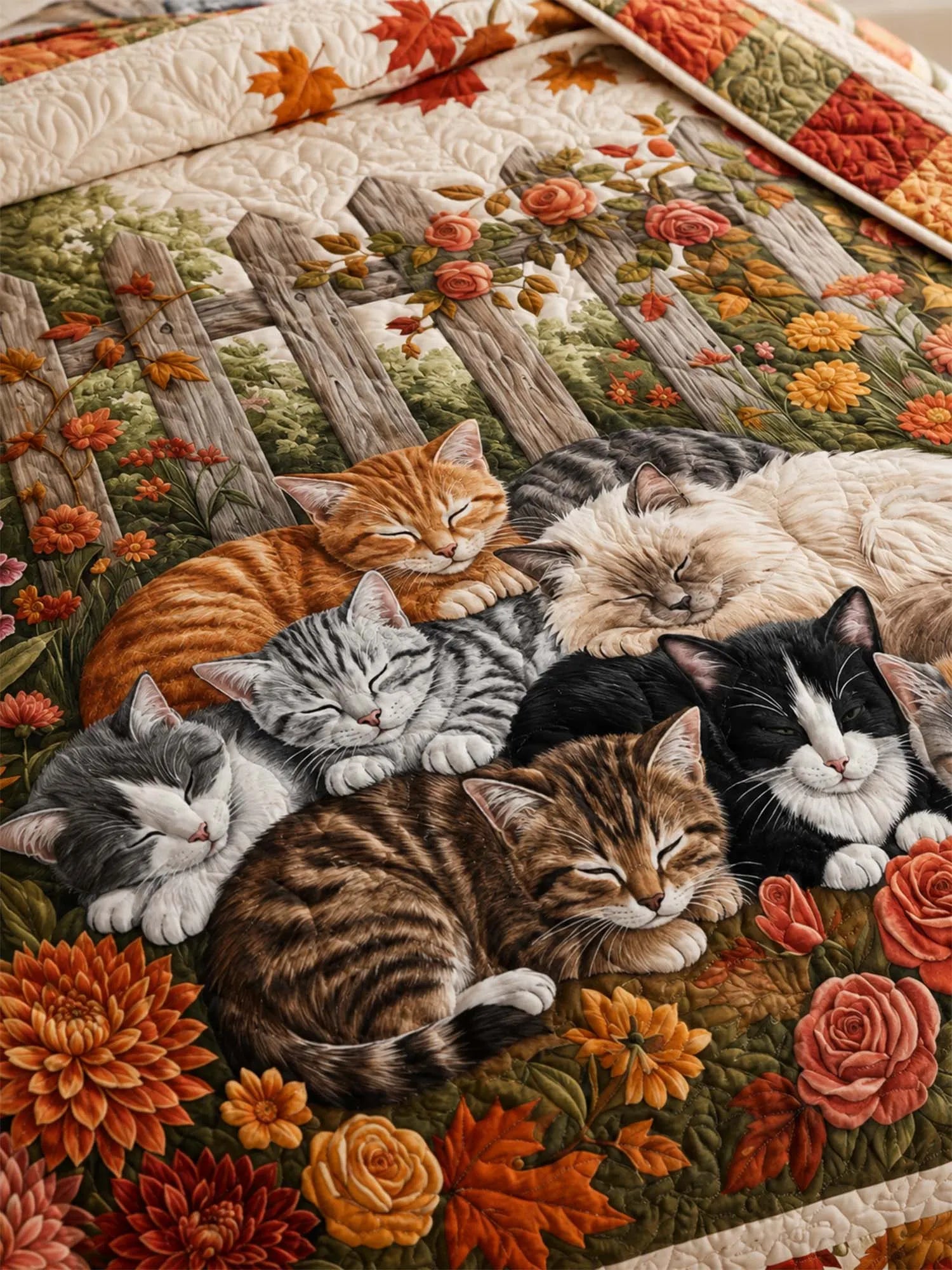 Autumn Garden Cat Quilted 3-Piece Bedding Set