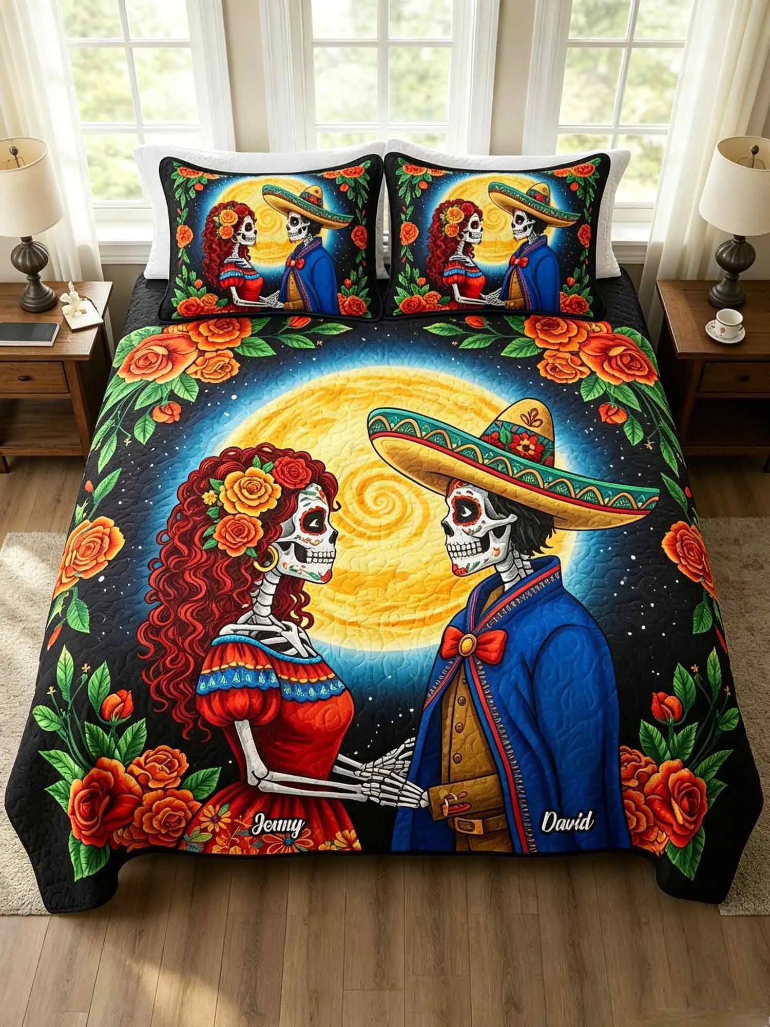 Halloween-Personalized Skeleton Quilt Bed Set-Three-Piece Quilted Bedding Set