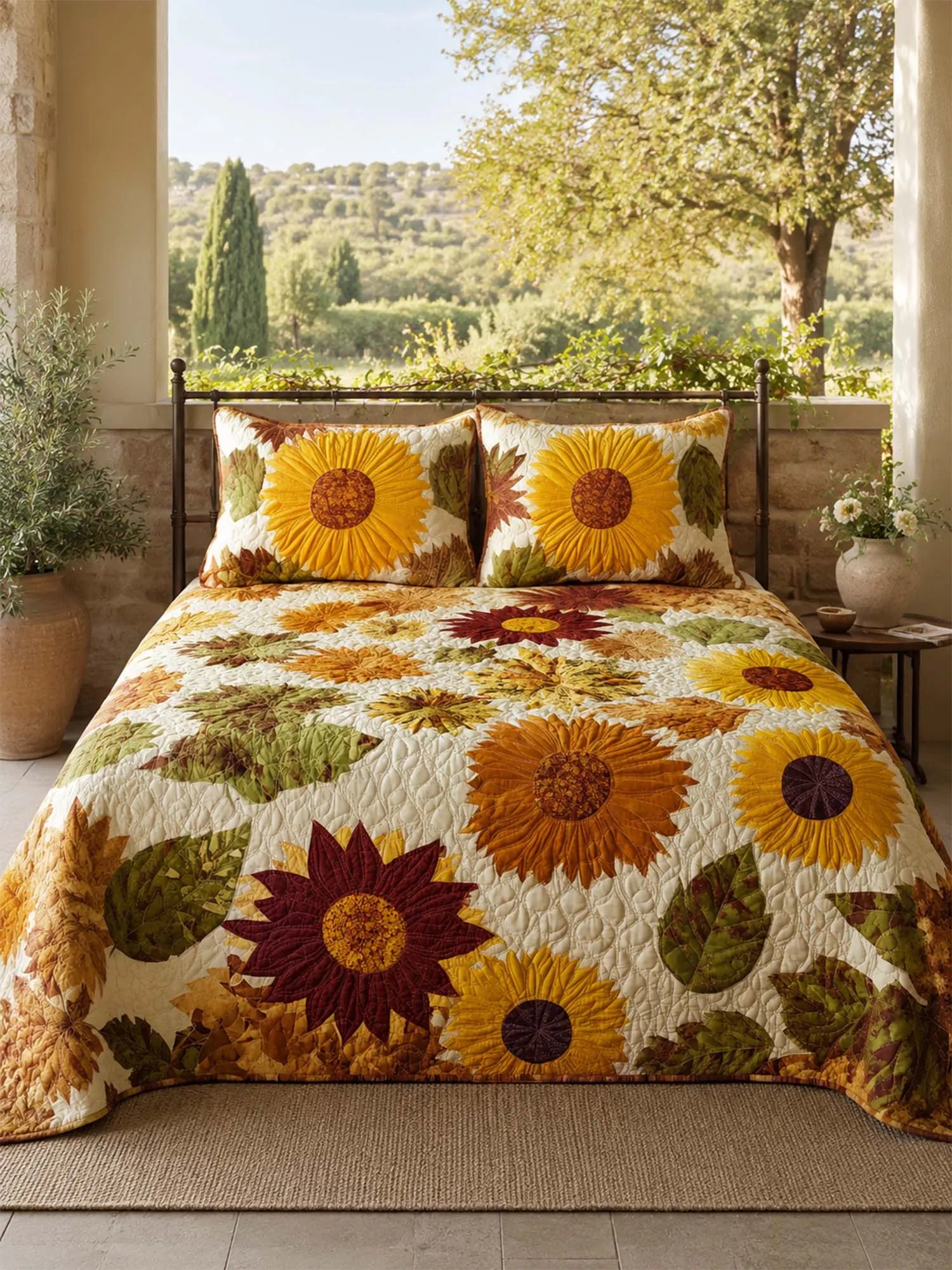 Sunflower Floral Quilted 3-Piece Bedding Set – Luxury Quilted Bedding With Matching Pillow Shams