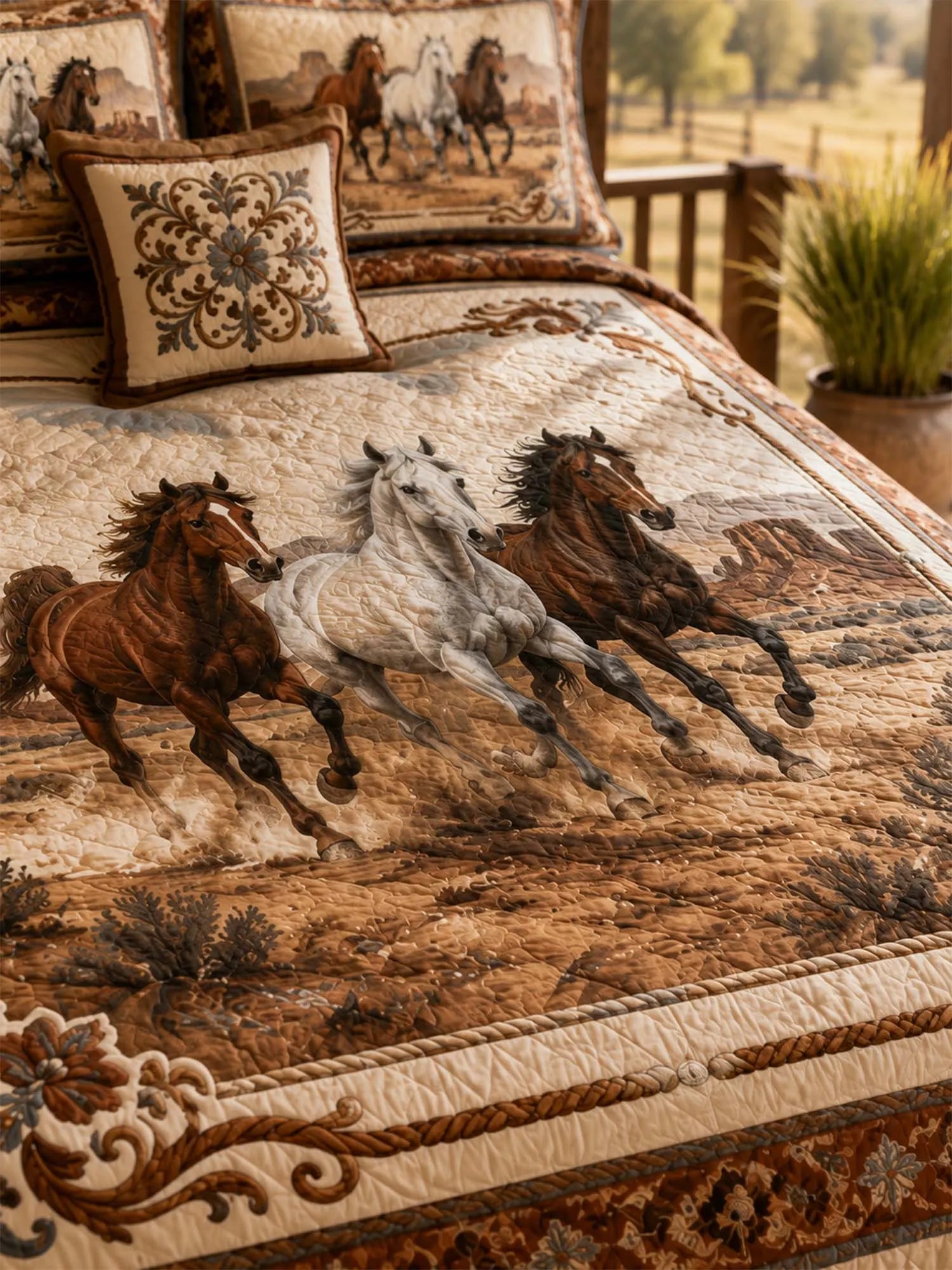 Equestrian Horse Patchwork Quilted 3-Piece Bedding Set – Vintage Country Quilted Bedding with Matching Pillow Shams