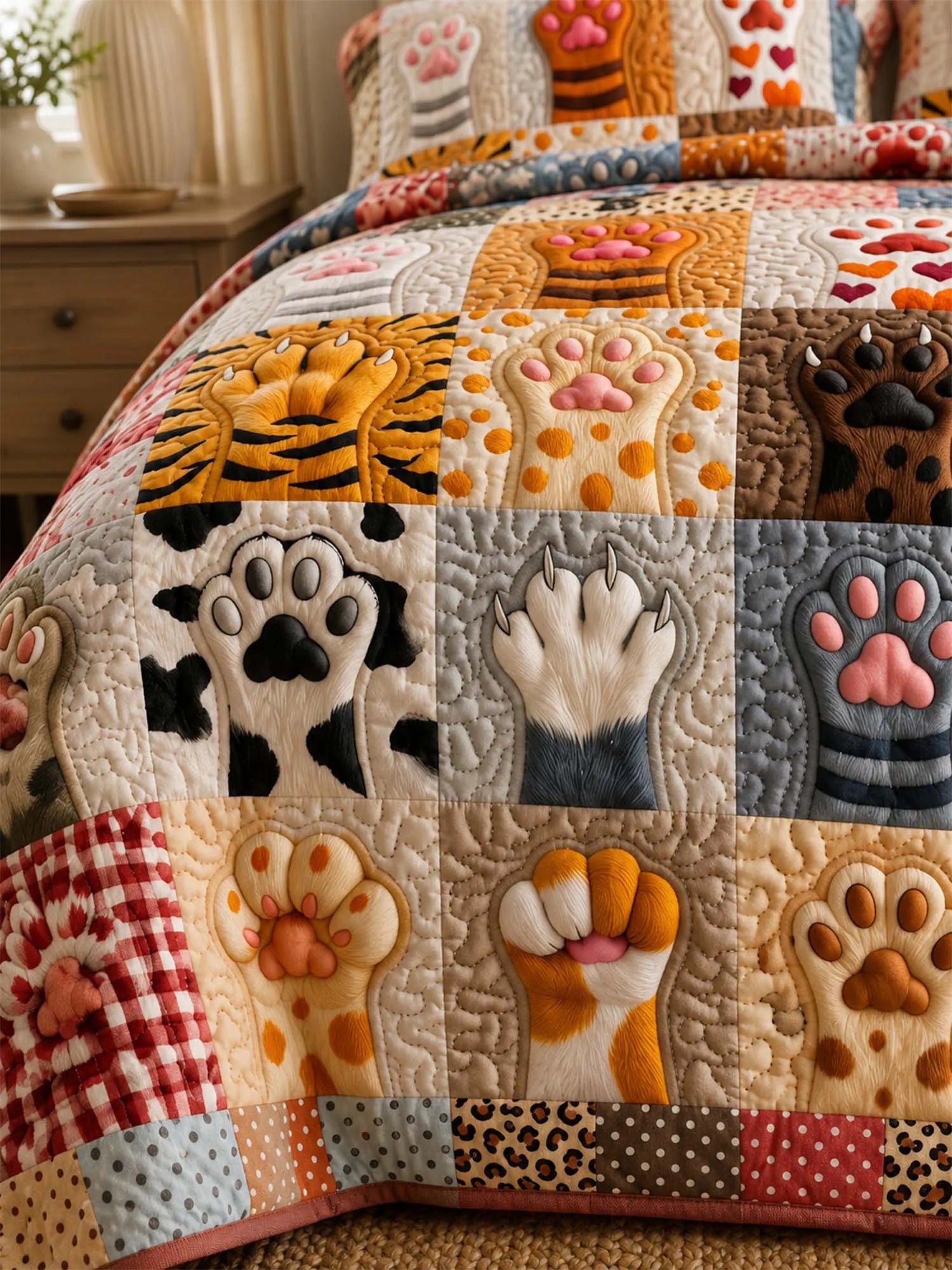Cozy Paw Print Quilted 3-Piece Bedding Set