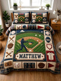 Personalized Baseball Player Field 3-piece quilted bedding set