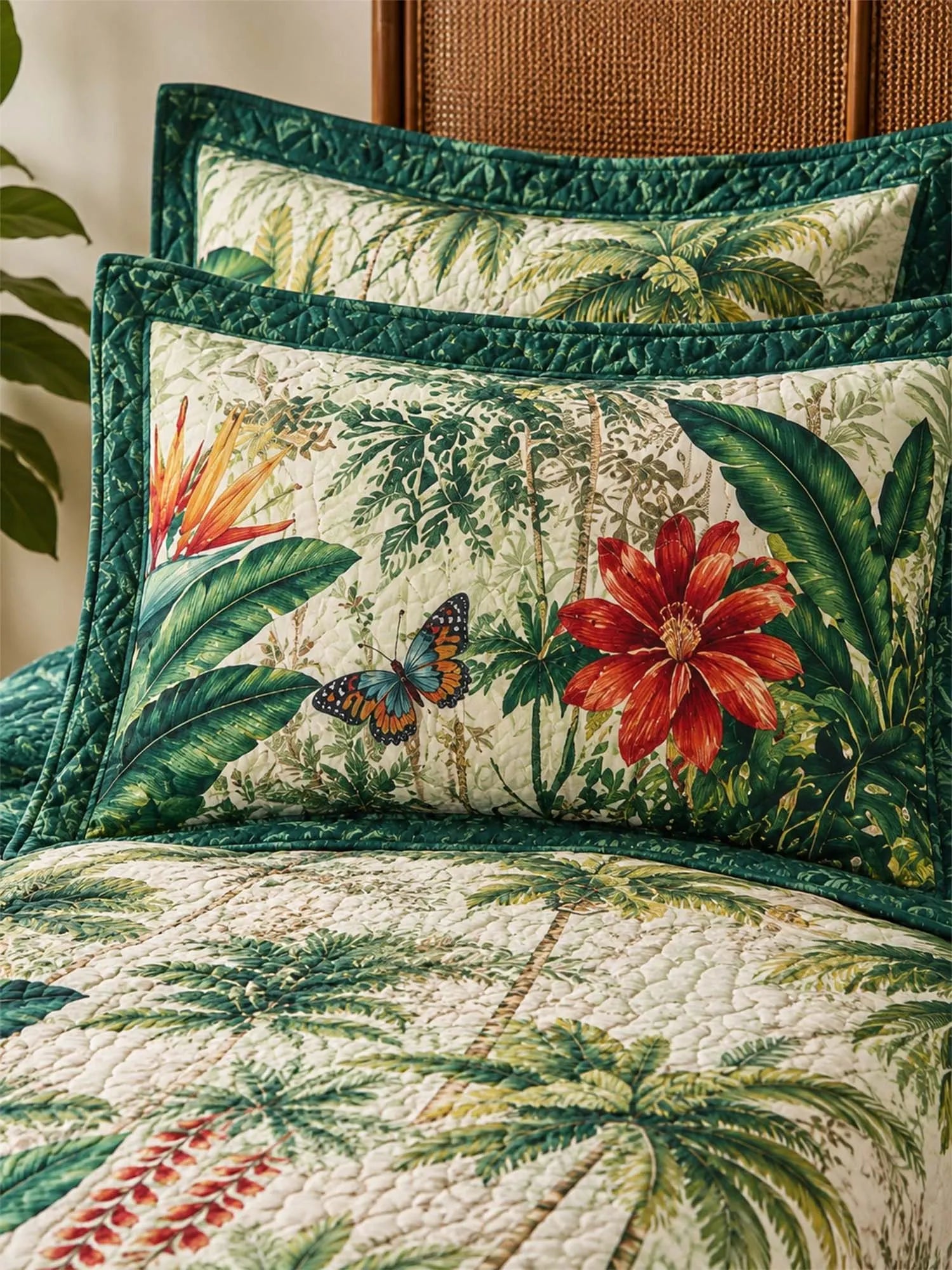 Tropical Botanical Quilted 3-Piece Bedding Set – Luxury Quilted Bedding with Matching Pillow Shams