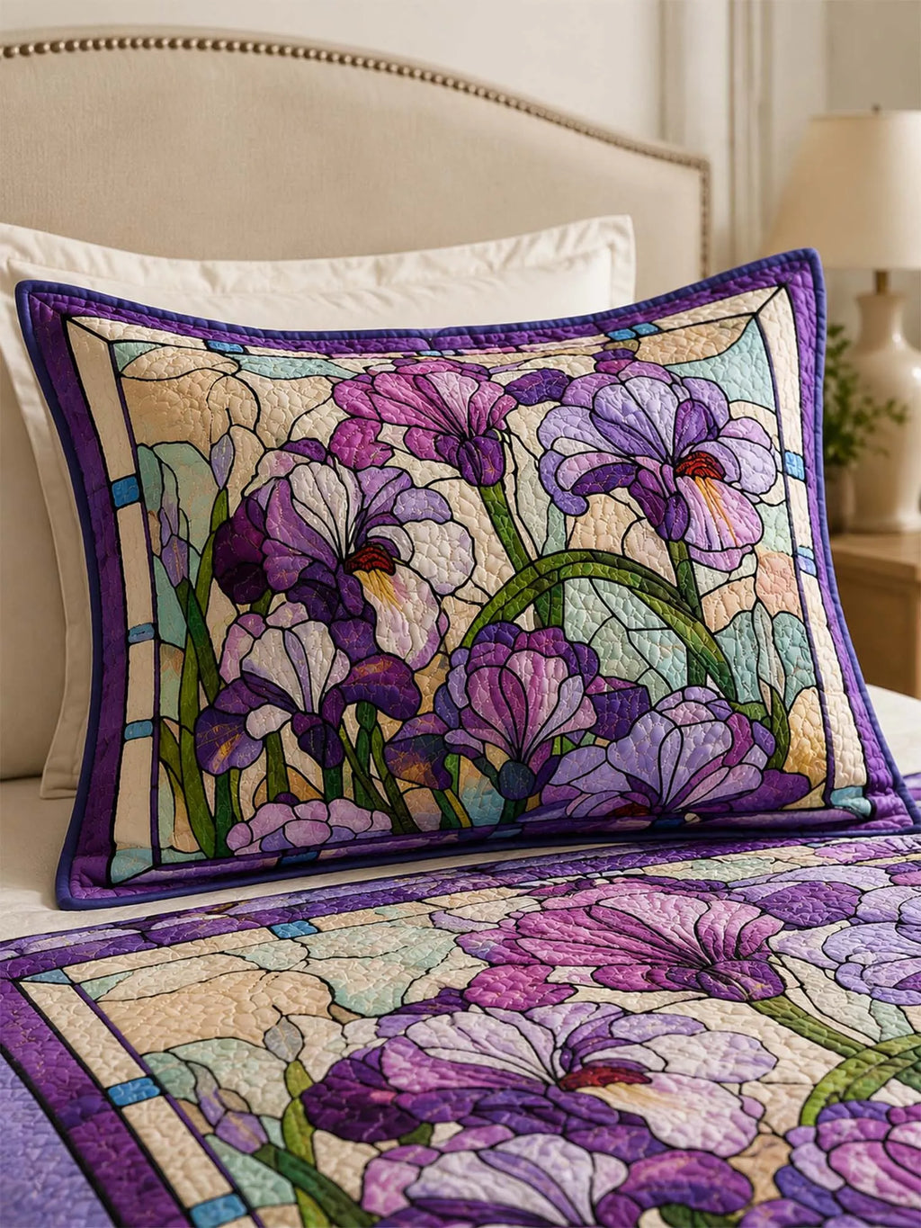 Purple Iris Quilted 3-Piece Bedding Set – Vintage Stained Glass Garden Quilted Bedding With Matching Pillow Shams