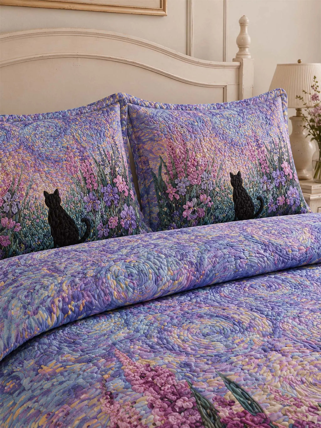 Twilight Wildflower Cat Quilted 3-Piece Bedding Set