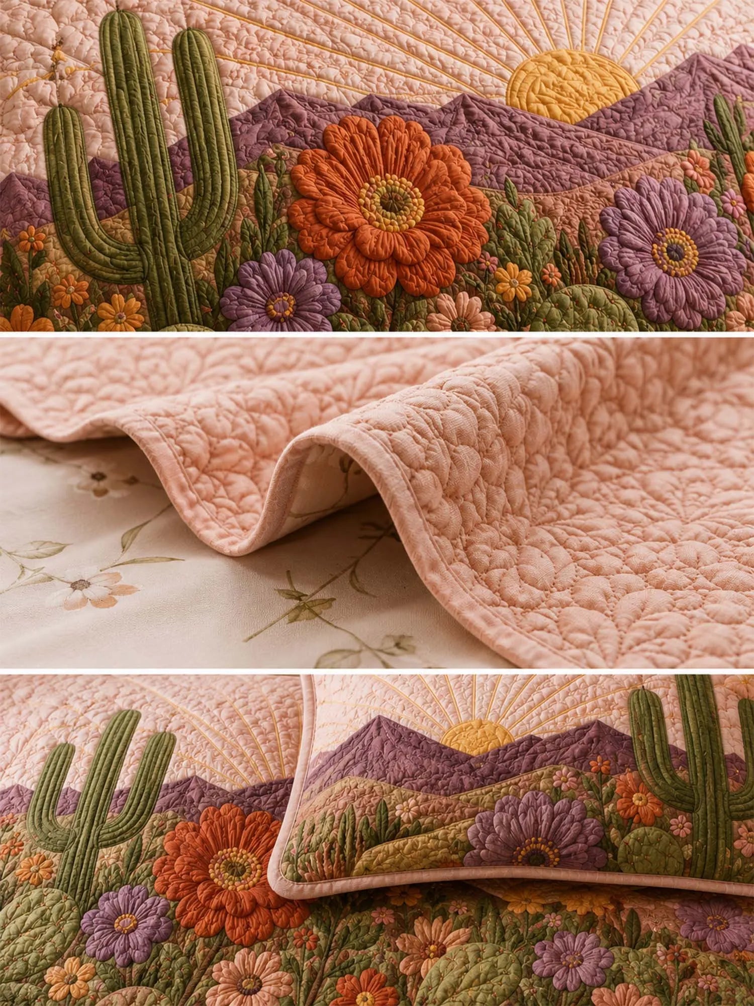 Desert Cactus Floral Quilted 3-Piece Bedding Set – Rustic Southwestern Quilted Bedding with Matching Pillow Shams