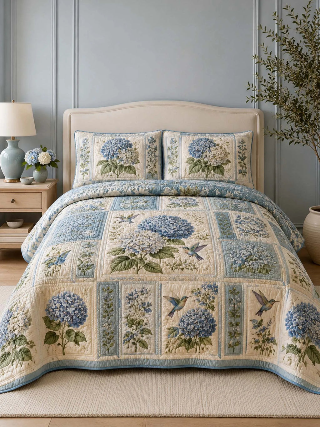 Blue Hydrangea Quilted 3-Piece Bedding Set – Classic Americana Quilted Bedding With Matching Pillow Shams