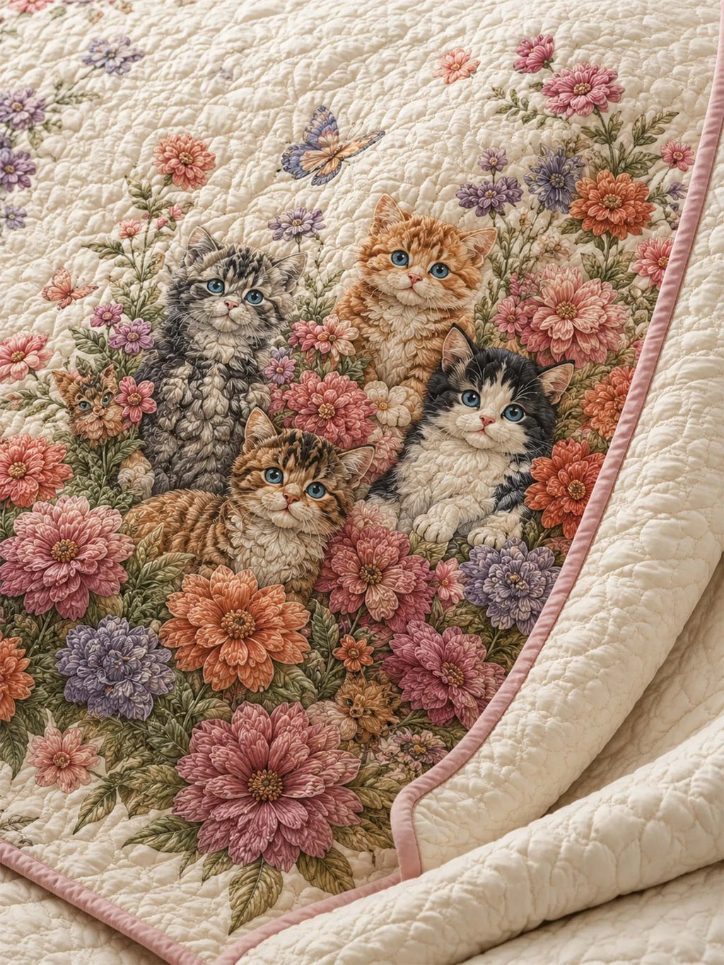 Garden Cat Floral Quilted 3-Piece Bedding Set