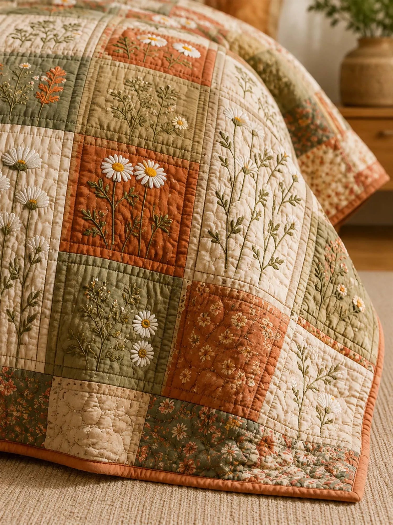 Daisy Cottage Garden Quilted 3-Piece Bedding Set