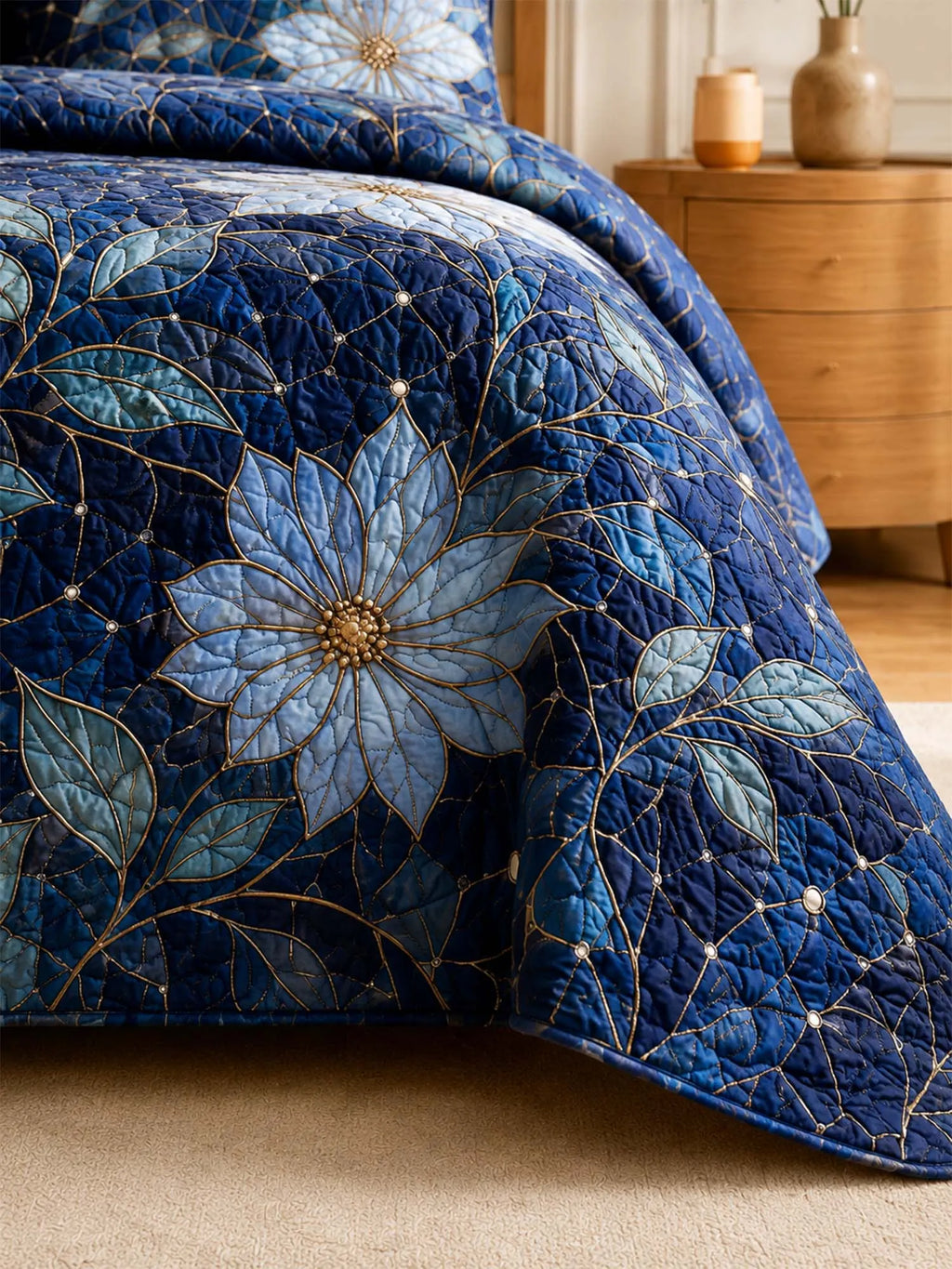 Moonlit Floral Quilted 3-Piece Bedding Set – Celestial Botanical Quilted Bedding With Matching Pillow Shams