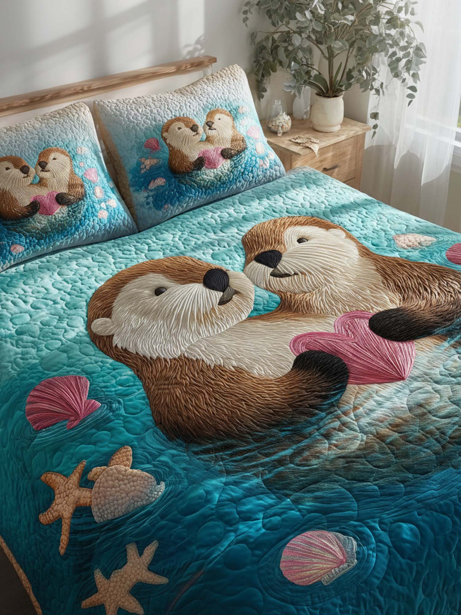 Otter Love Valentine's Day 3- Piece Quilted Bedding Set