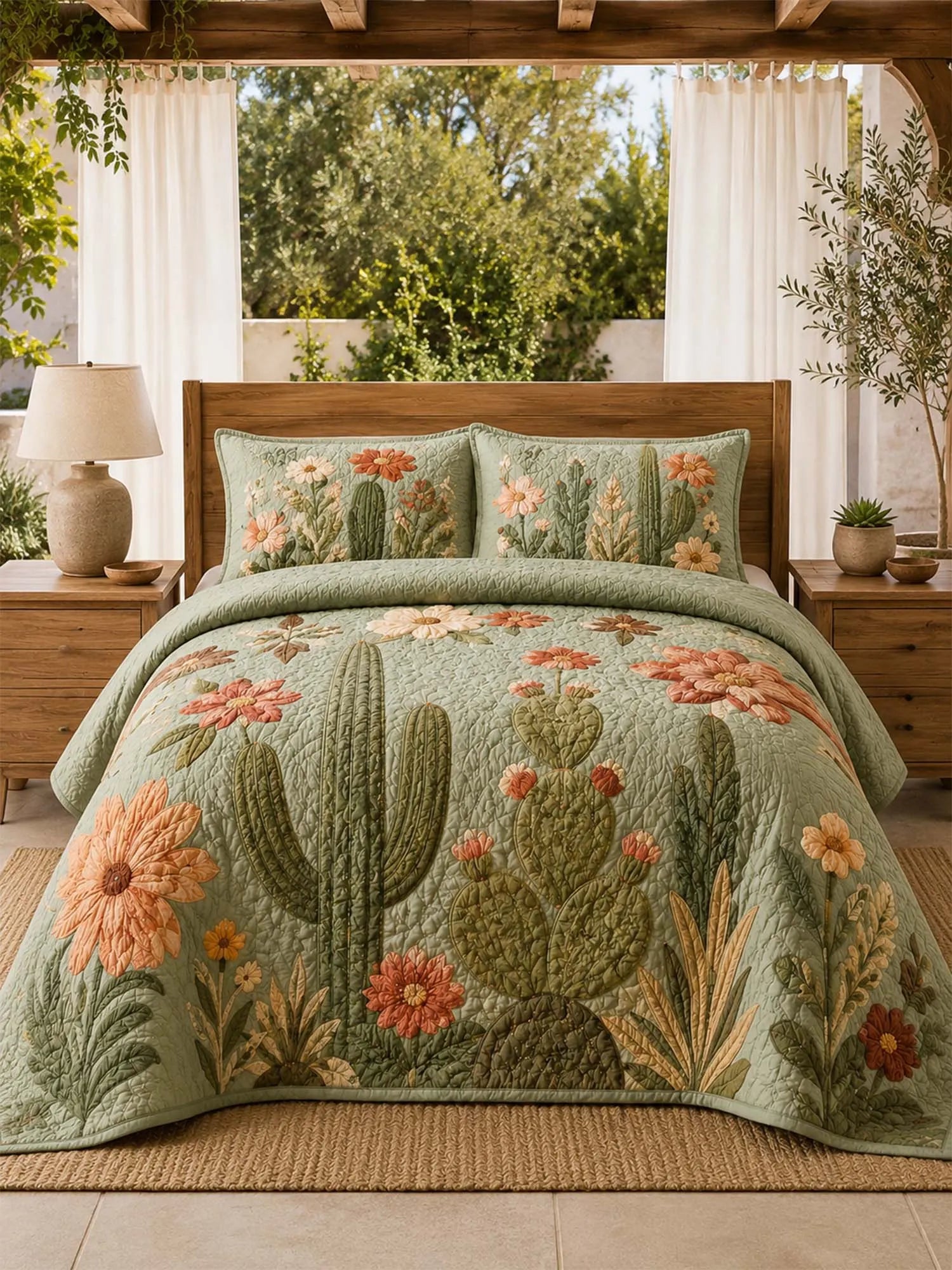 Cactus Garden Floral Quilted 3-Piece Bedding Set – Vintage Desert Style Quilted Bedding with Matching Pillow Shams