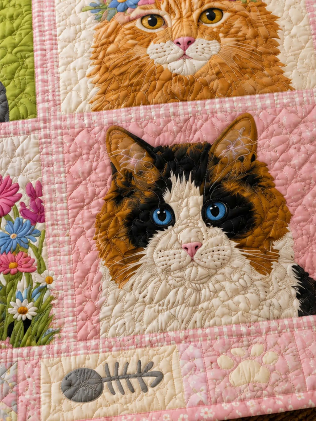 Floral Cat Portrait Quilted 3-Piece Bedding Set