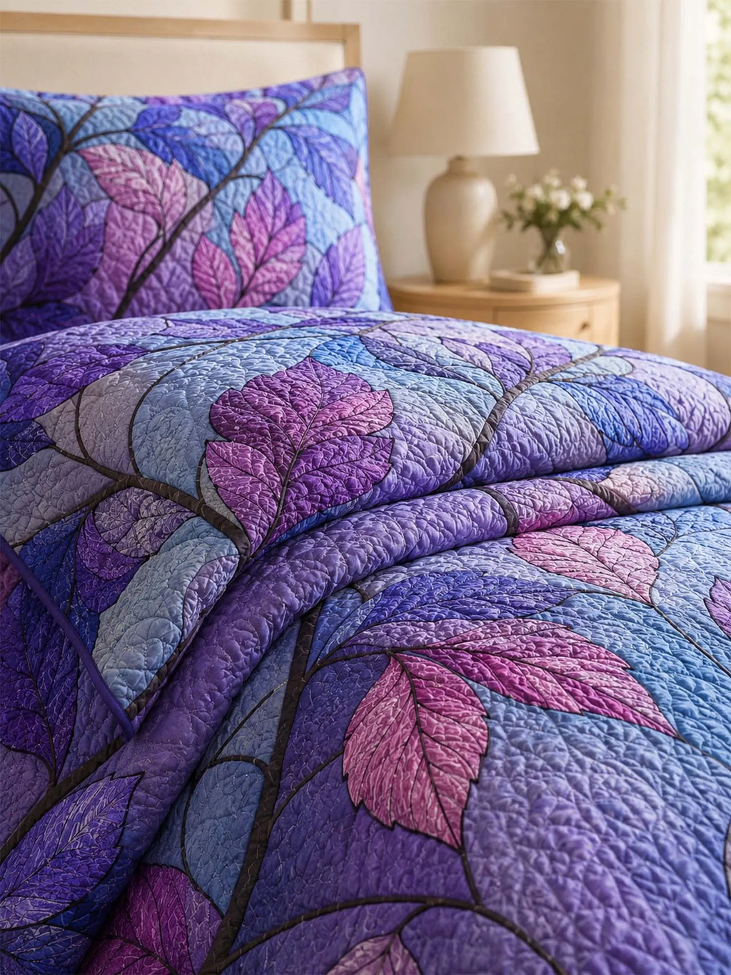 Purple Leaf Botanical Quilted 3-Piece Bedding Set