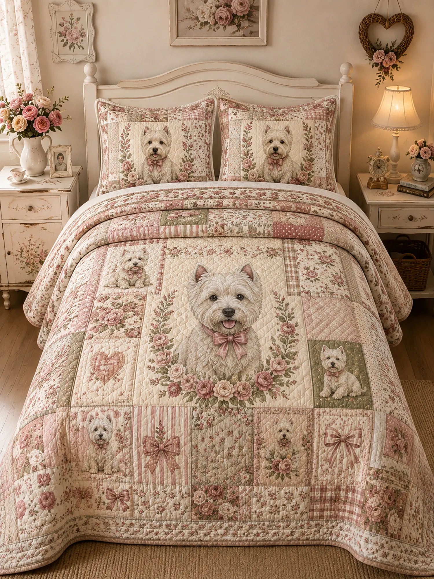 Patchwork Westie Cottage Rose 3‐Piece Quilted Bedding Set
