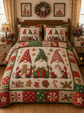 Gnome Gingerbread Christmas Patchwork 3‐Piece Quilted Bedding Set