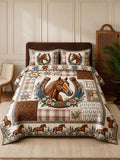 Western Horse Quilted 3-Piece Bedding Set – Luxury Quilted Bedding with Matching Pillow Shams