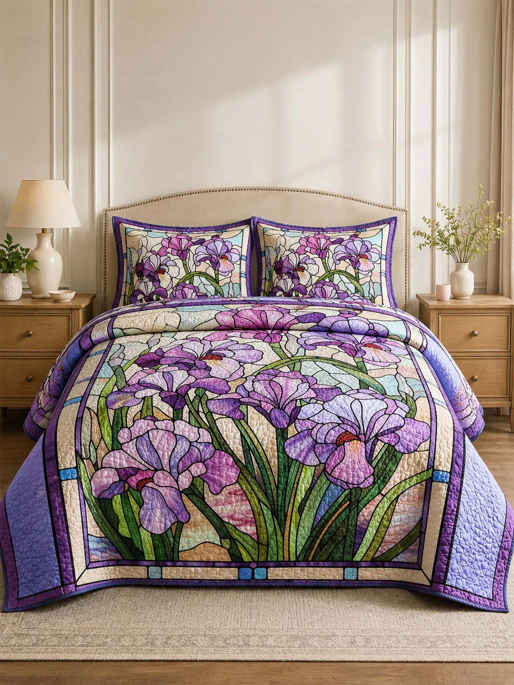 Purple Iris Quilted 3-Piece Bedding Set – Vintage Stained Glass Garden Quilted Bedding With Matching Pillow Shams