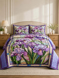 Purple Iris Quilted 3-Piece Bedding Set – Vintage Stained Glass Garden Quilted Bedding With Matching Pillow Shams