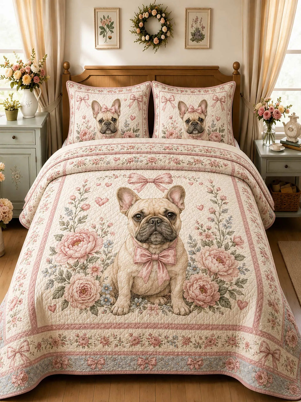 Bow Peony French Bulldog Farmhouse Floral 3‐Piece Quilted Bedding Set