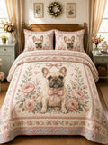 Bow Peony French Bulldog Farmhouse Floral 3‐Piece Quilted Bedding Set