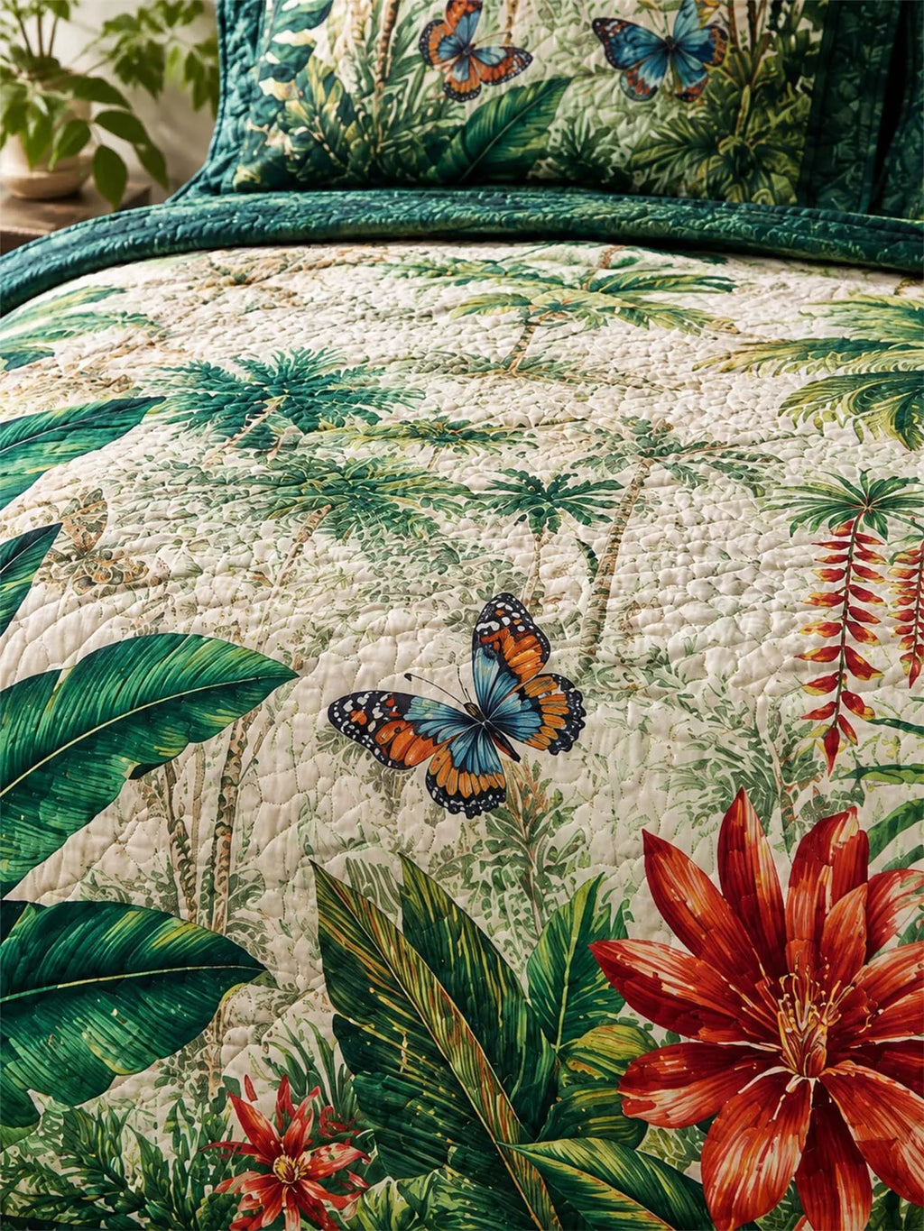 Tropical Botanical Quilted 3-Piece Bedding Set – Luxury Quilted Bedding with Matching Pillow Shams