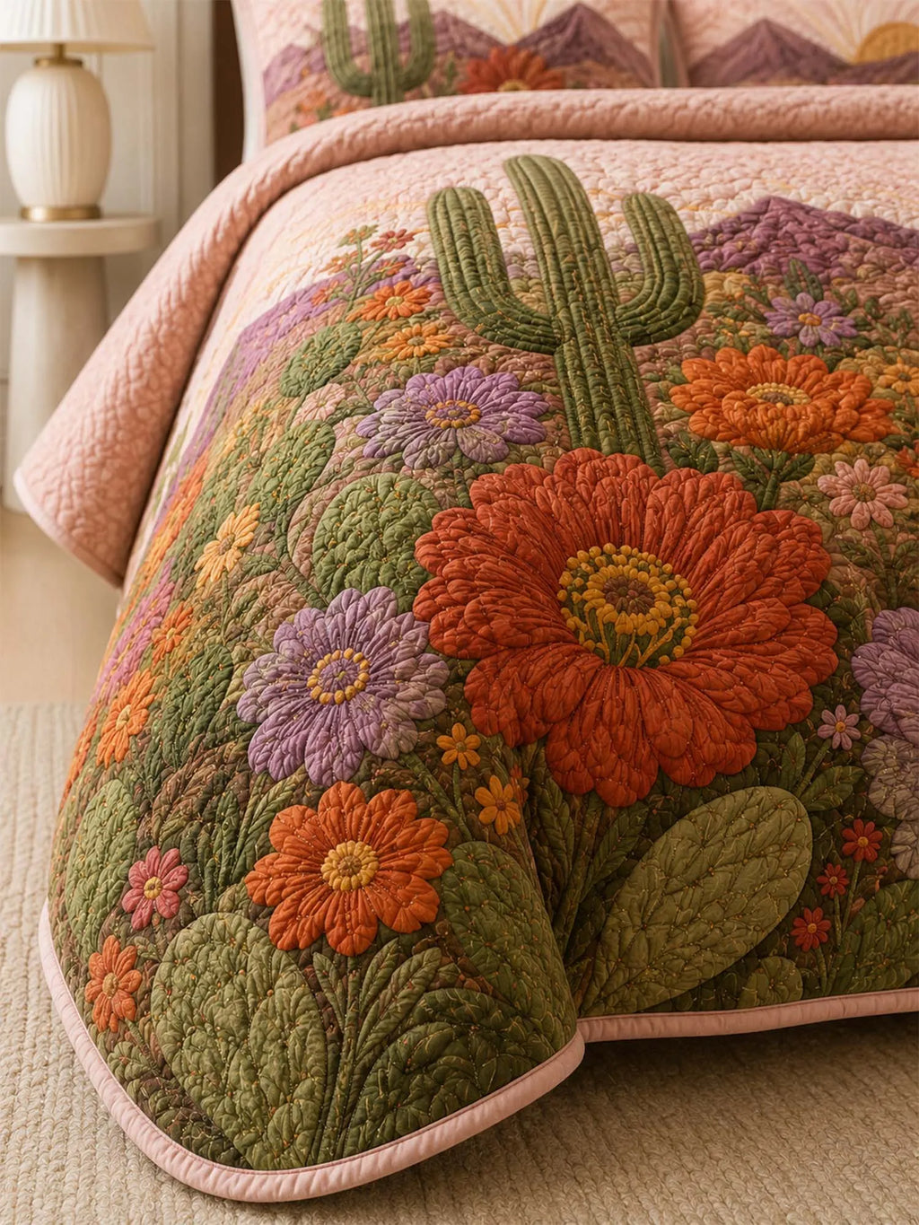 Desert Cactus Floral Quilted 3-Piece Bedding Set – Rustic Southwestern Quilted Bedding with Matching Pillow Shams
