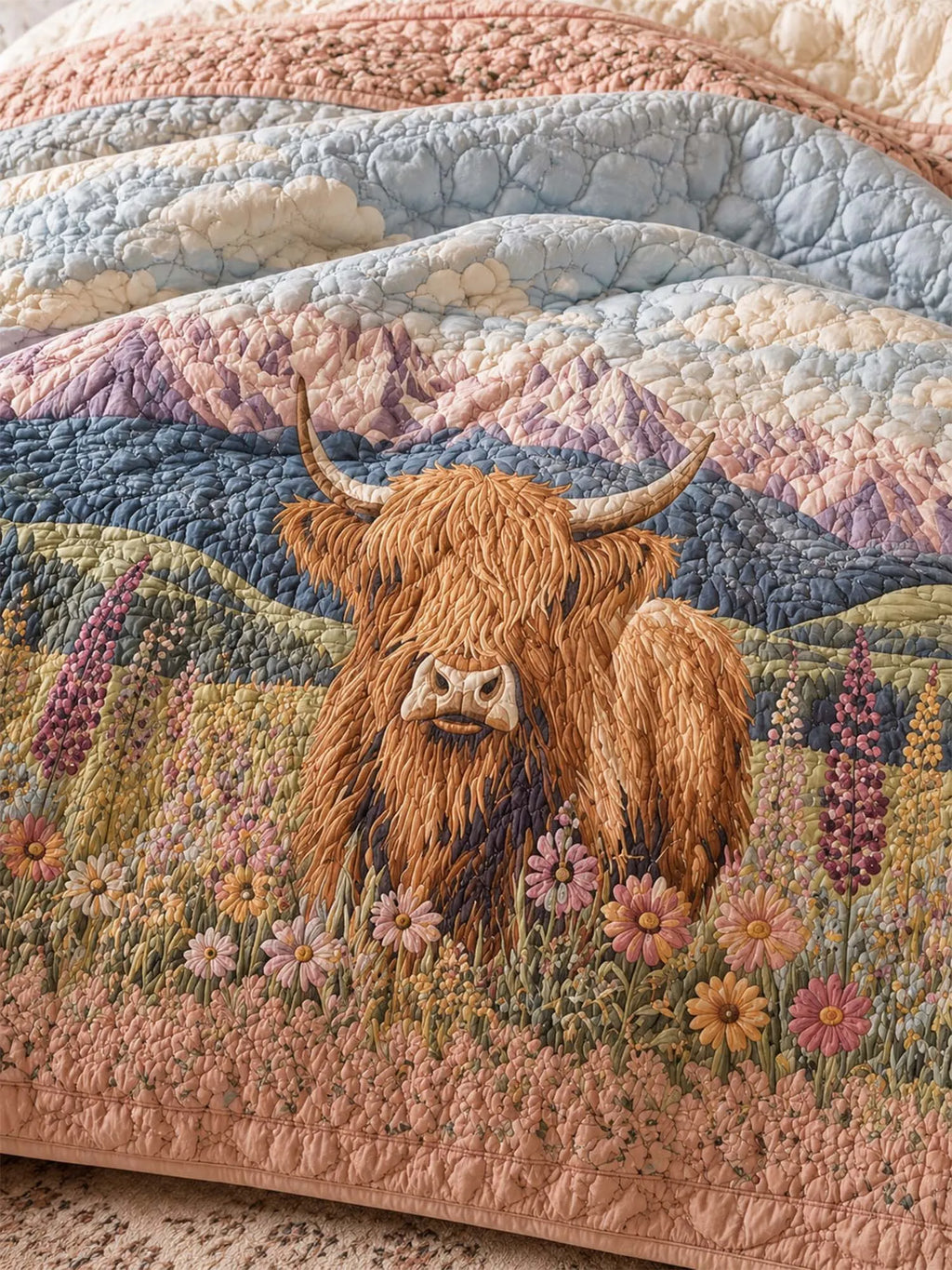 Highland Cow Wildflower Meadow Quilted 3-Piece Bedding Set