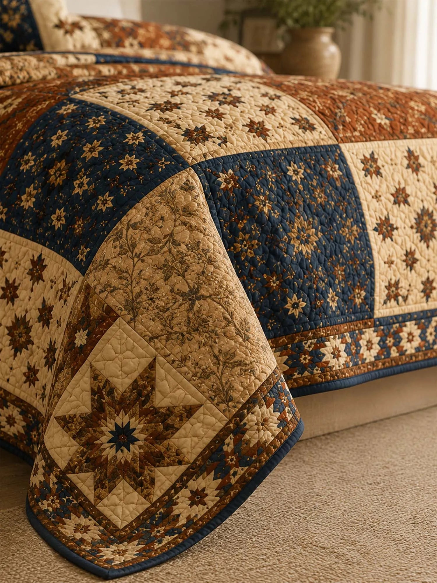Vintage Patchwork Star Quilted 3-Piece Bedding Set – Heritage Farmhouse Quilted Bedding with Matching Pillow Shams
