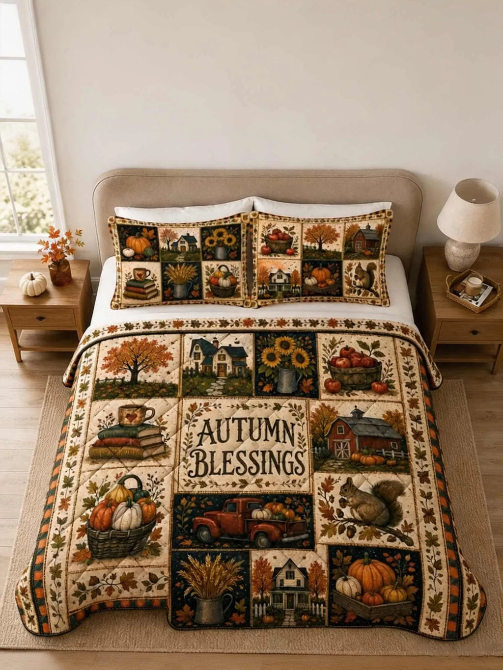 Autumn Blessings Harvest Patchwork Quilted 3‐Piece Bedding Set