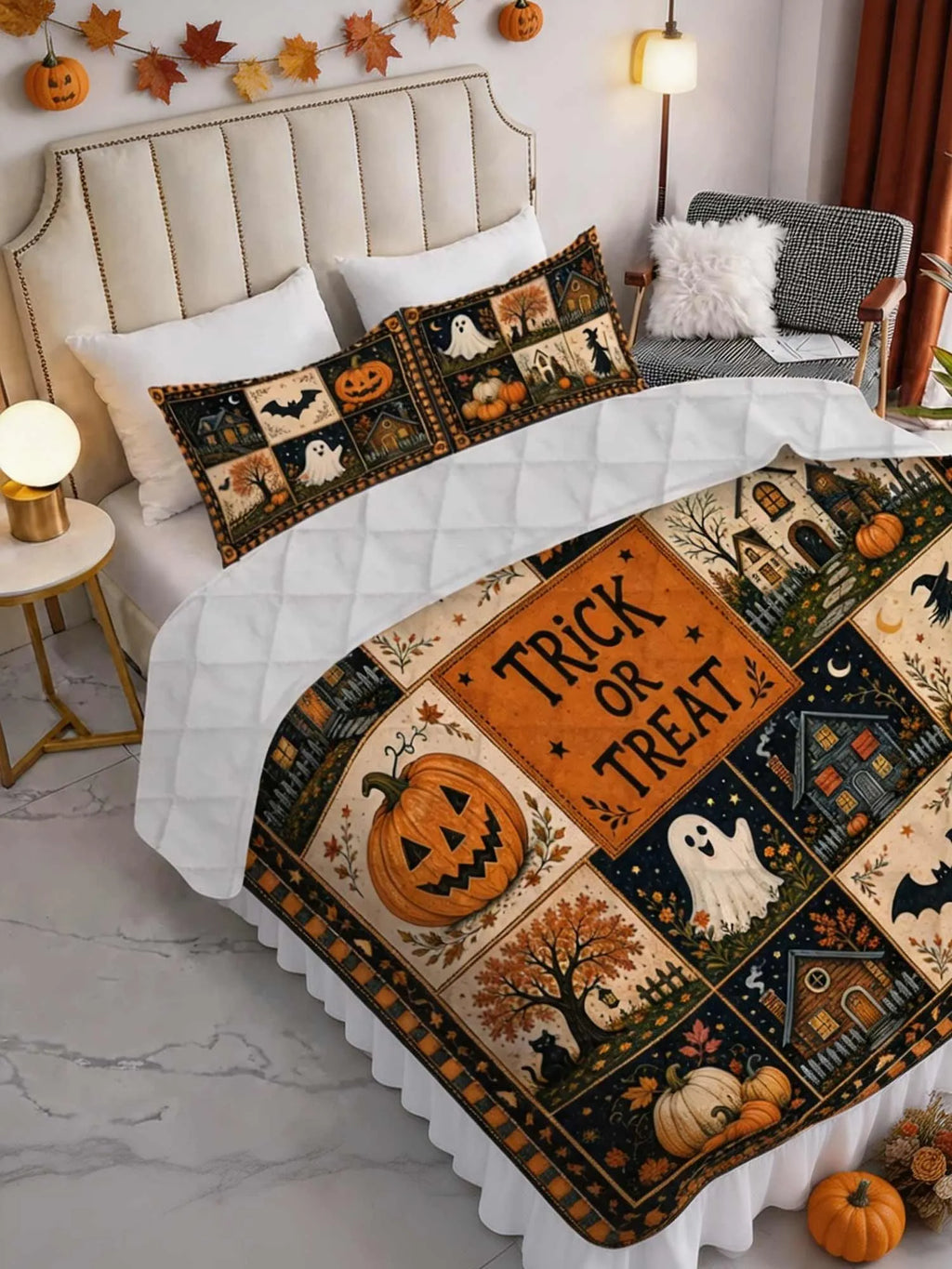 Halloween Trick Or Treat Patchwork Quilted 3‐Piece Bedding Set