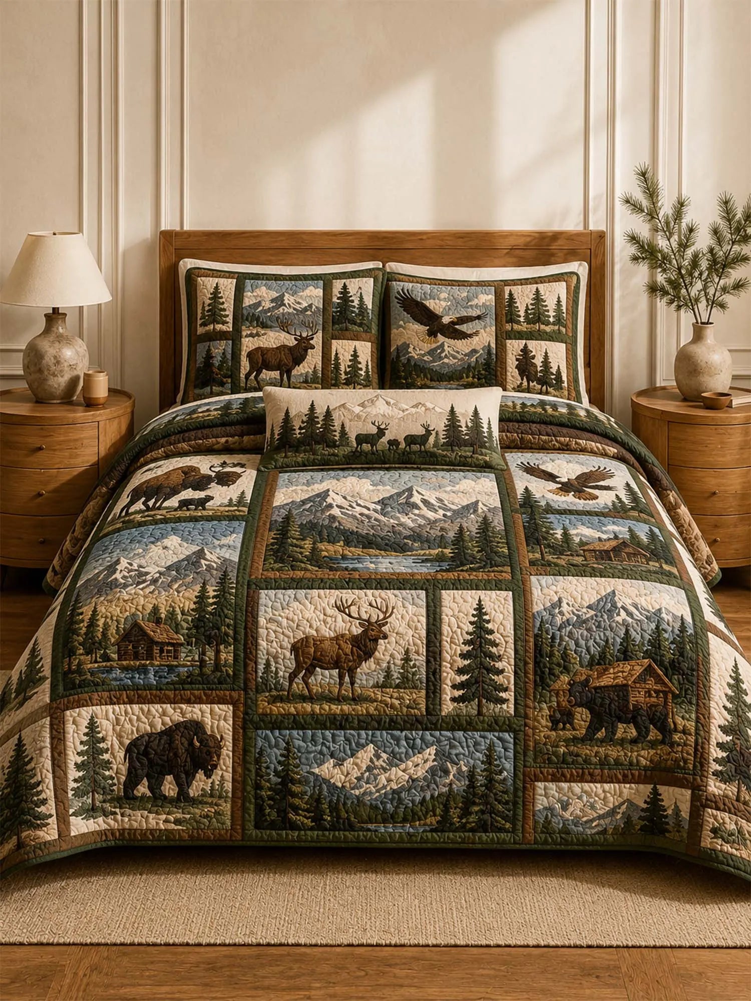 Vintage National Park Wildlife Quilted 3-Piece Bedding Set