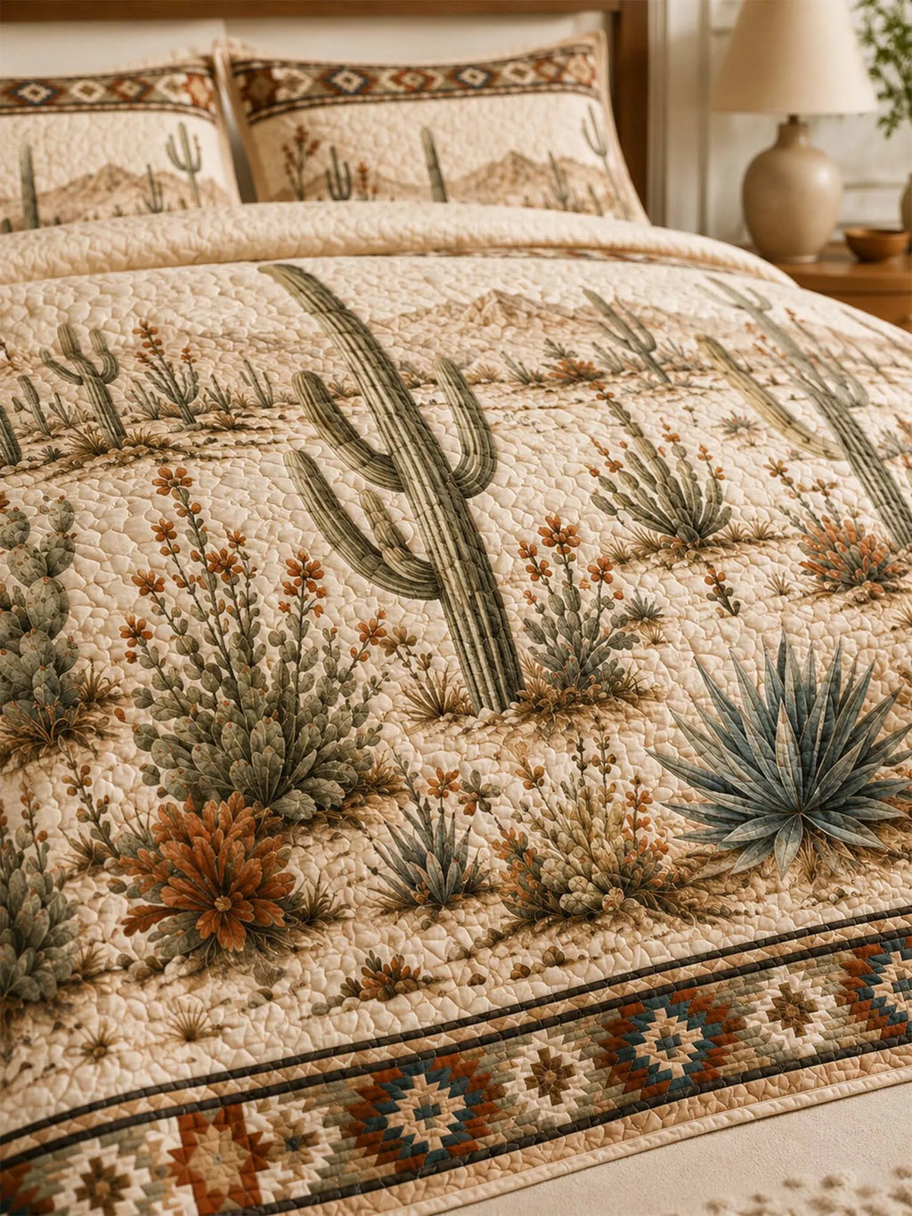 Desert Cactus Quilted 3-Piece Bedding Set – Natural Farmhouse Quilted Bedding with Matching Pillow Shams