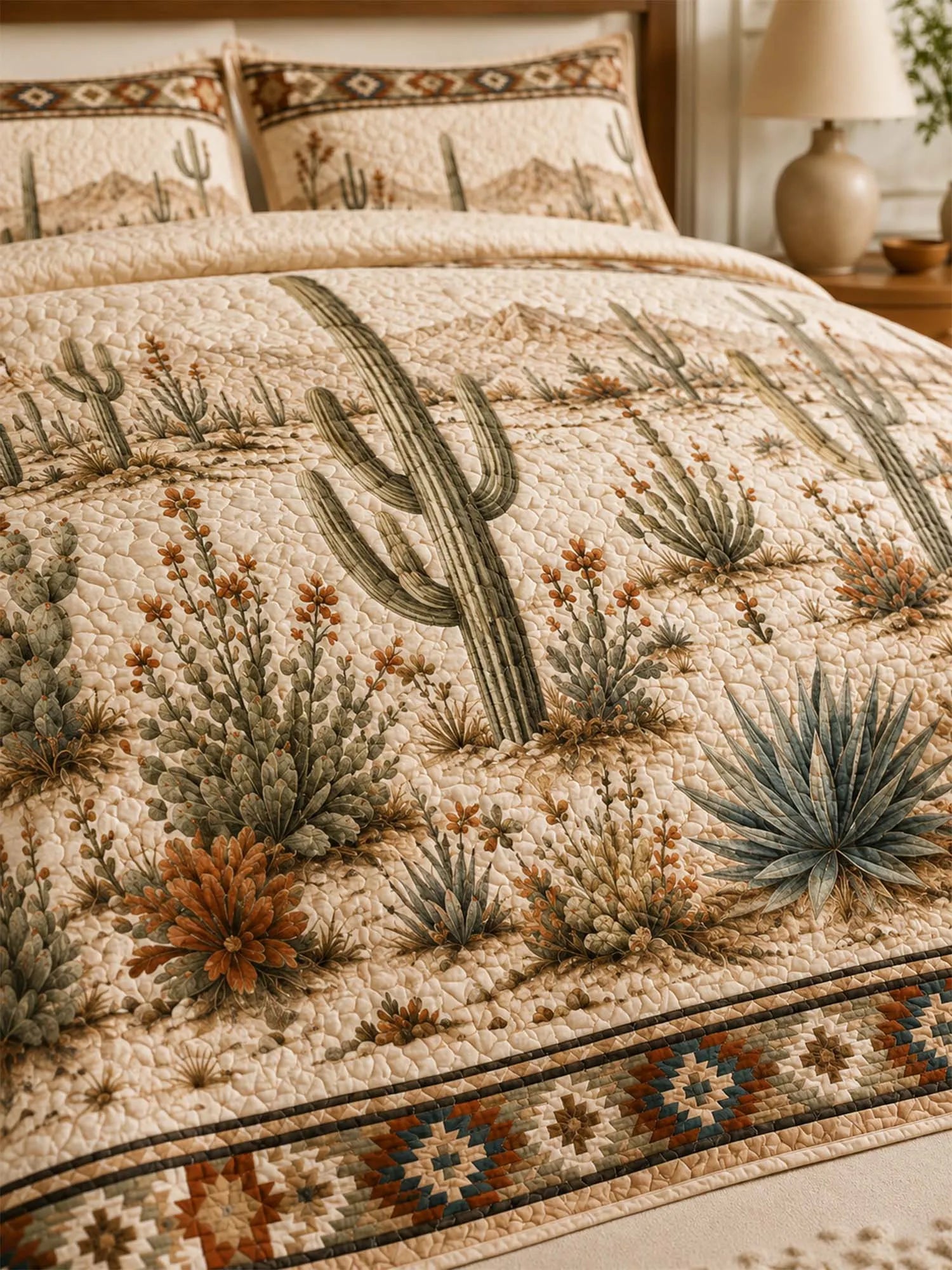 Desert Cactus Quilted 3-Piece Bedding Set – Natural Farmhouse Quilted Bedding with Matching Pillow Shams
