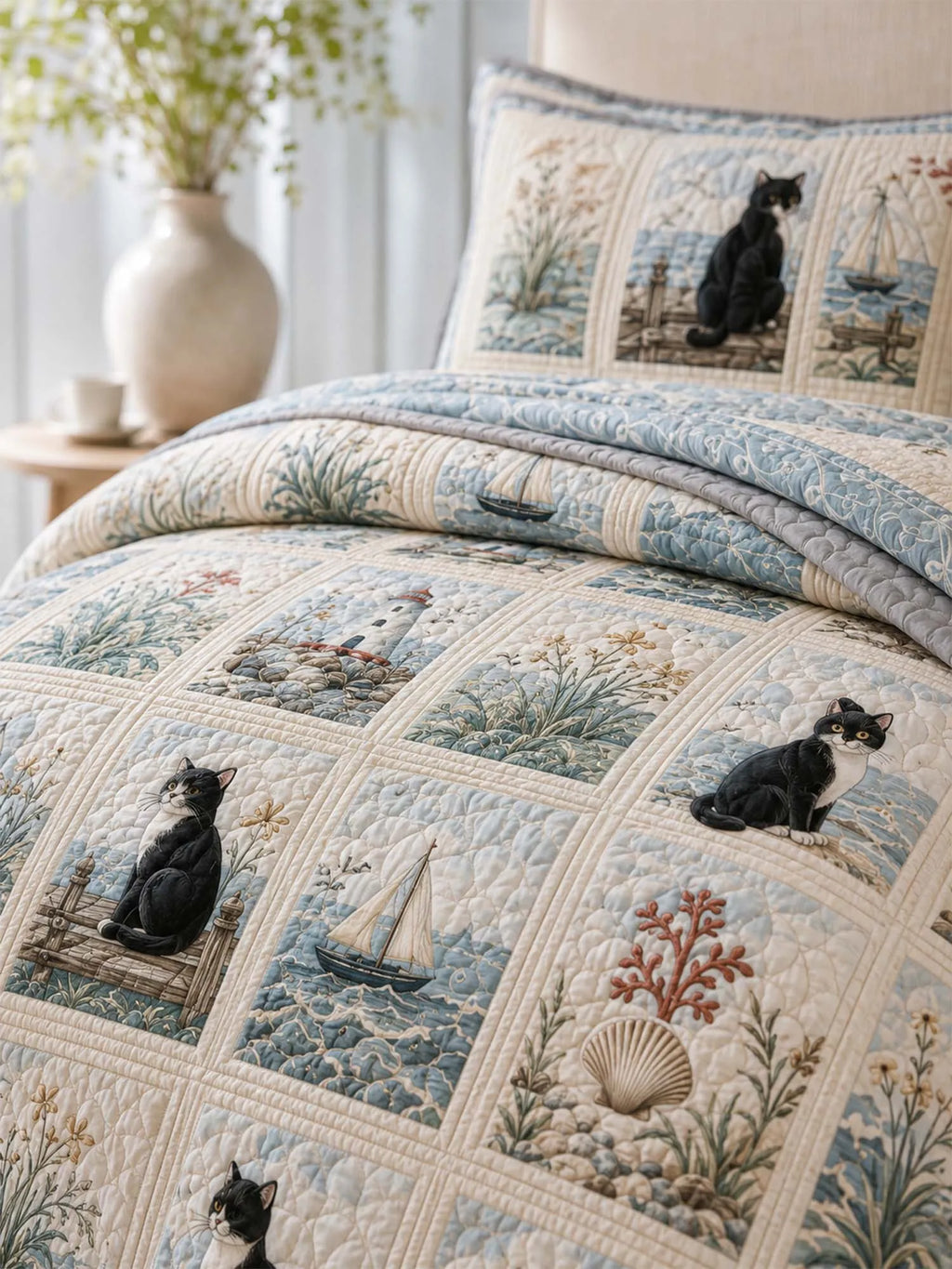 Coastal Lighthouse Cat Quilted 3-Piece Bedding Set