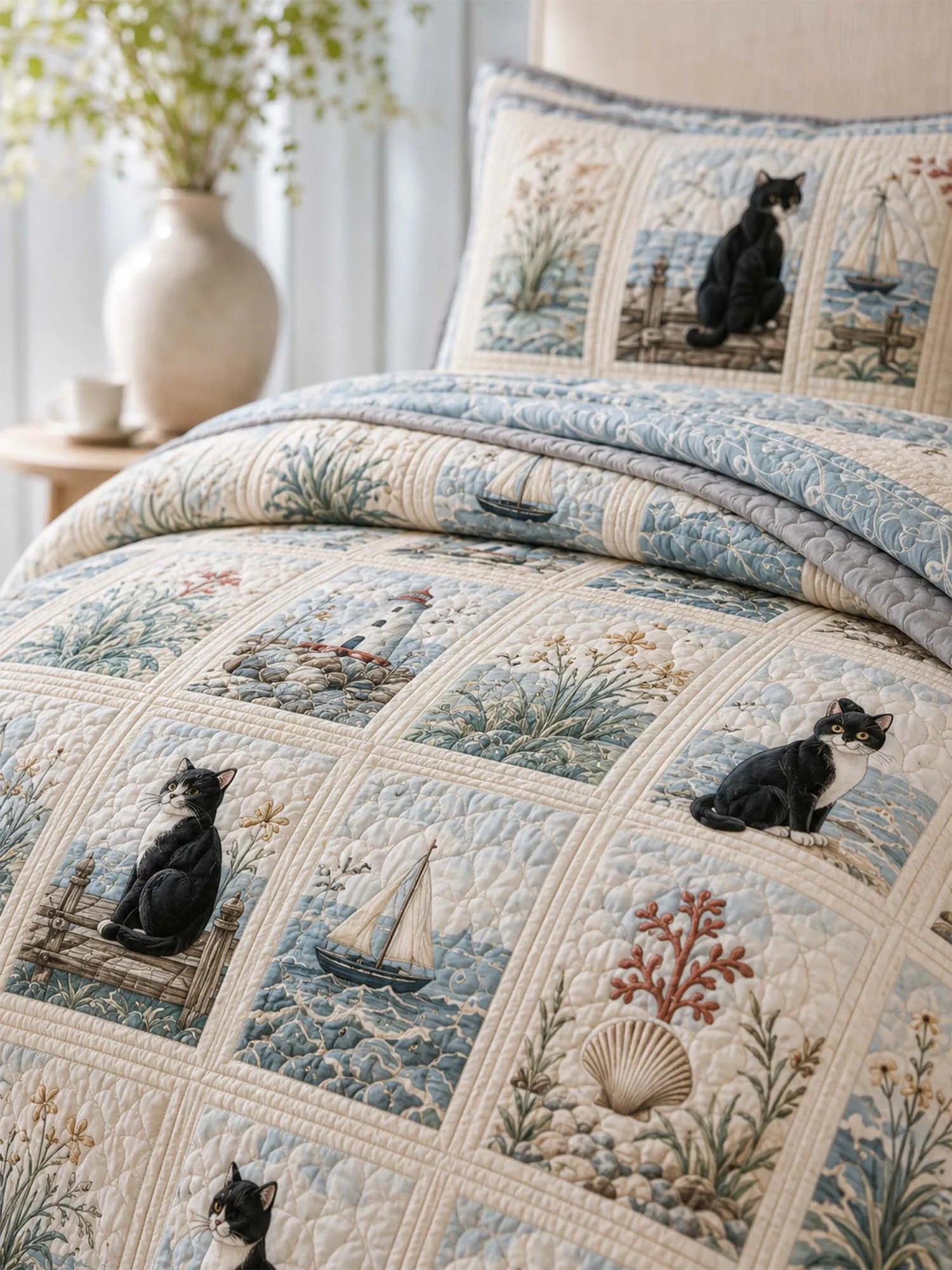 Coastal Lighthouse Cat Quilted 3-Piece Bedding Set