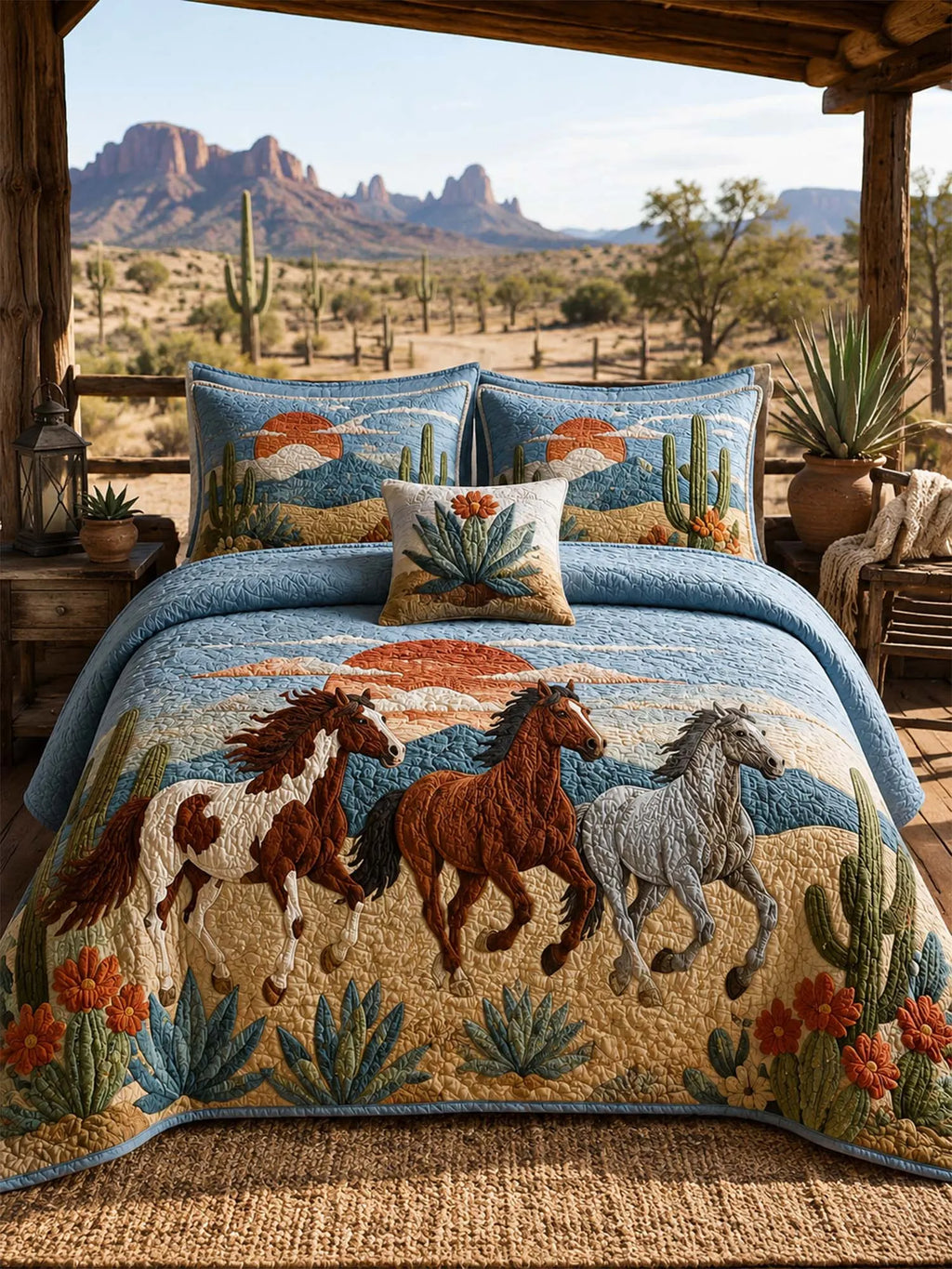 Desert Horse Landscape Quilted 3-Piece Bedding Set – Western Inspired Quilted Bedding with Matching Pillow Shams