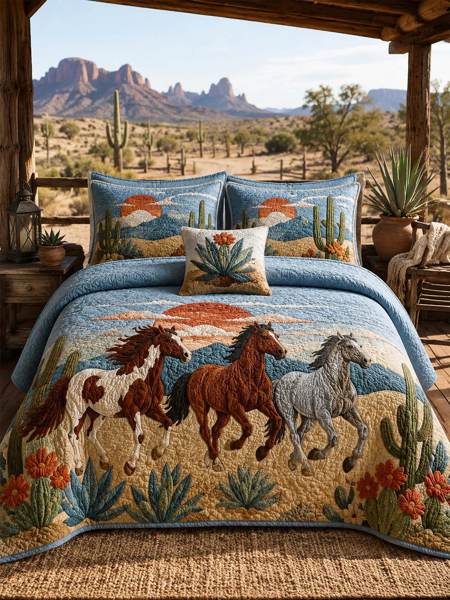Desert Horse Landscape Quilted 3-Piece Bedding Set – Western Inspired Quilted Bedding with Matching Pillow Shams