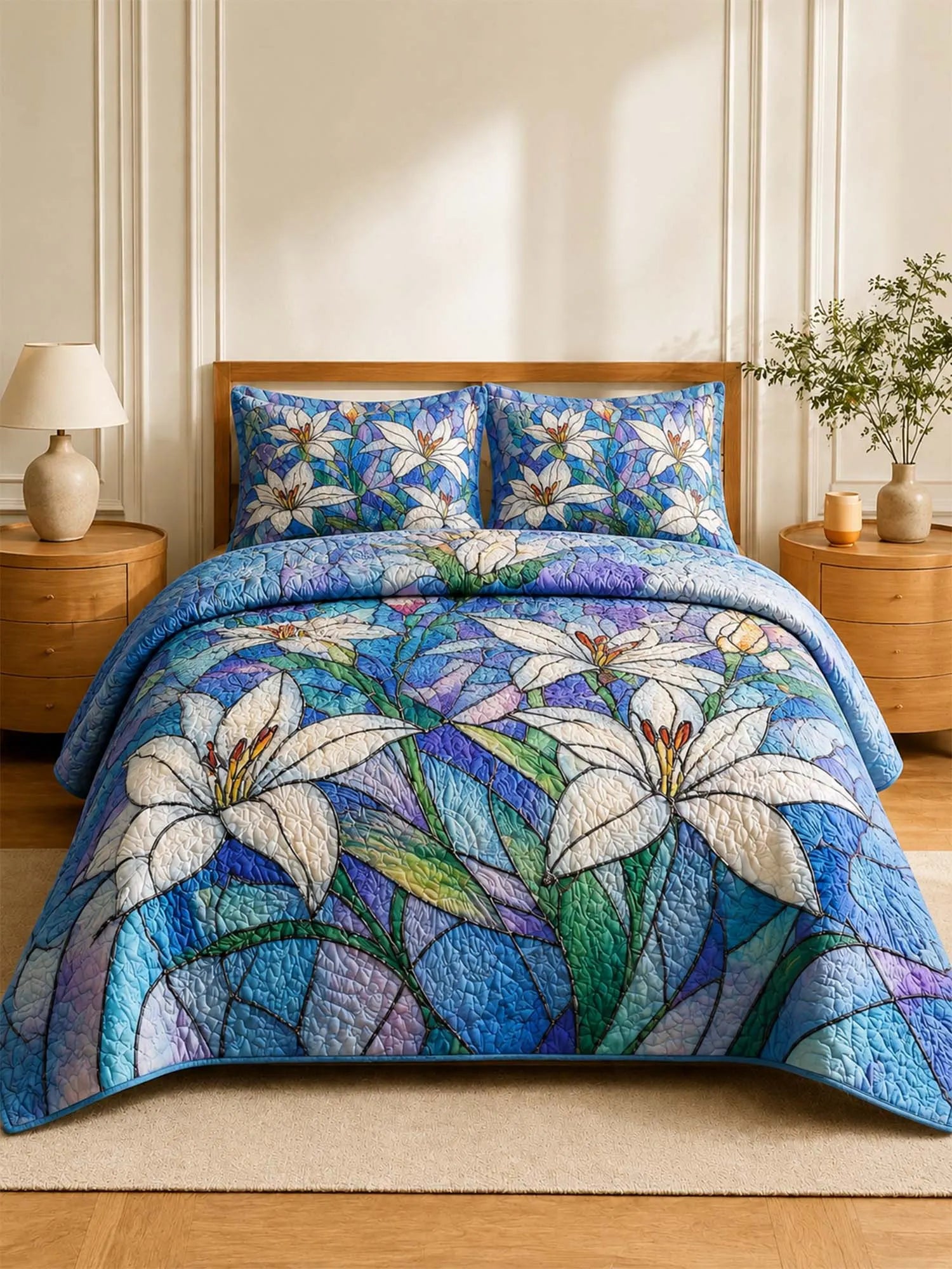 White Lily Quilted 3-Piece Bedding Set – Stained Glass Botanical Quilted Bedding With Matching Pillow Shams