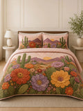 Desert Cactus Floral Quilted 3-Piece Bedding Set – Rustic Southwestern Quilted Bedding with Matching Pillow Shams