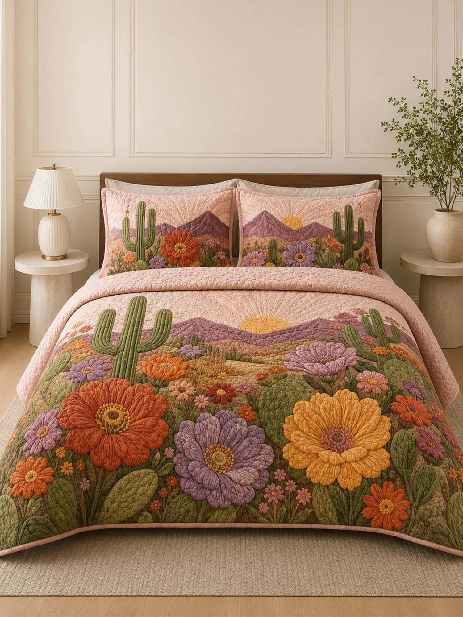 Desert Cactus Floral Quilted 3-Piece Bedding Set – Rustic Southwestern Quilted Bedding with Matching Pillow Shams