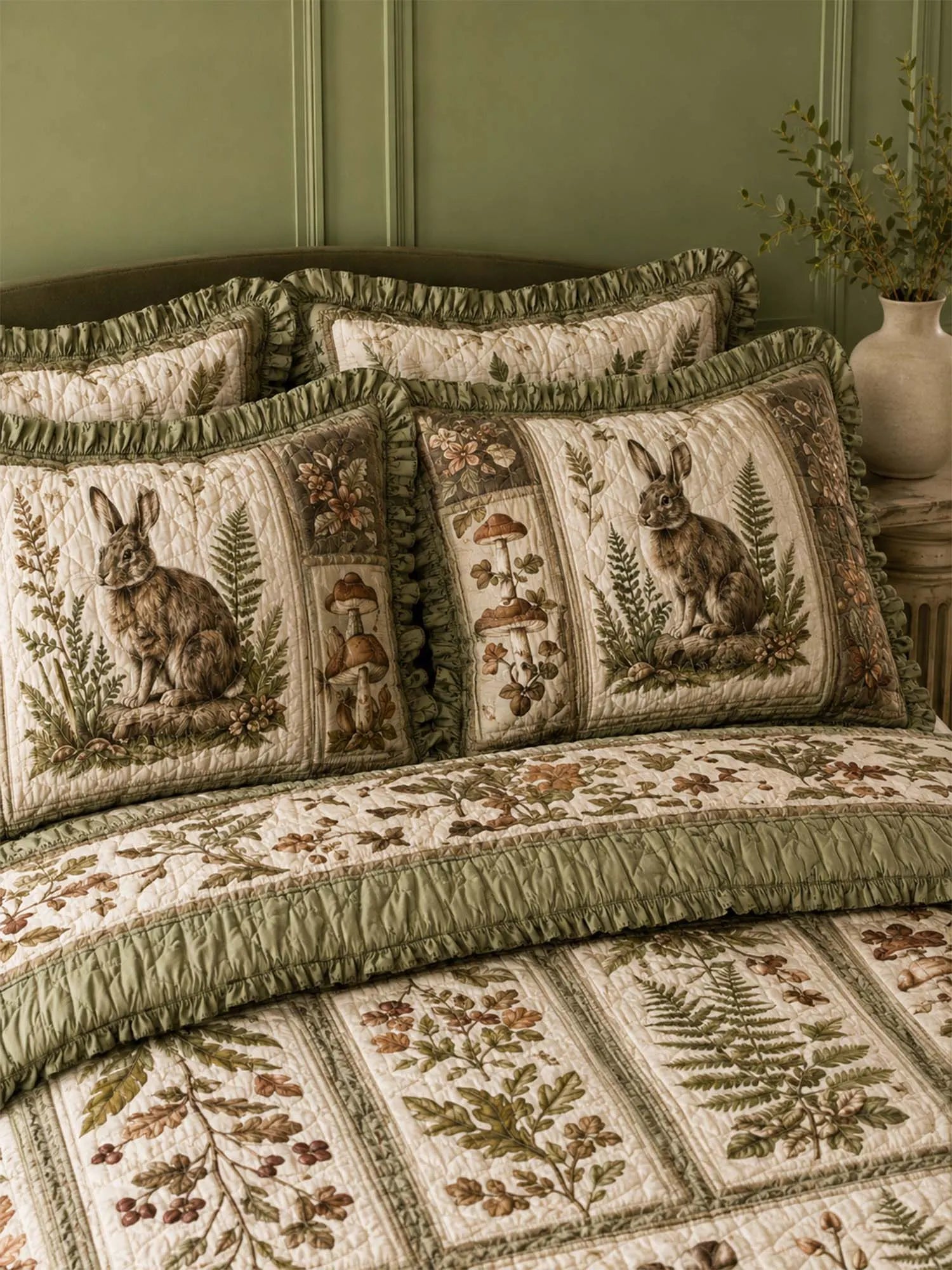 Woodland Rabbit Quilted 3-Piece Bedding Set – Classic Americana Quilted Bedding With Matching Pillow Shams