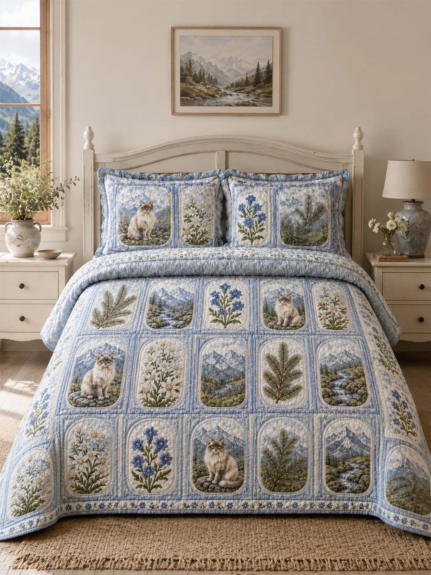 Alpine Mountain Cat Quilted 3-Piece Bedding Set