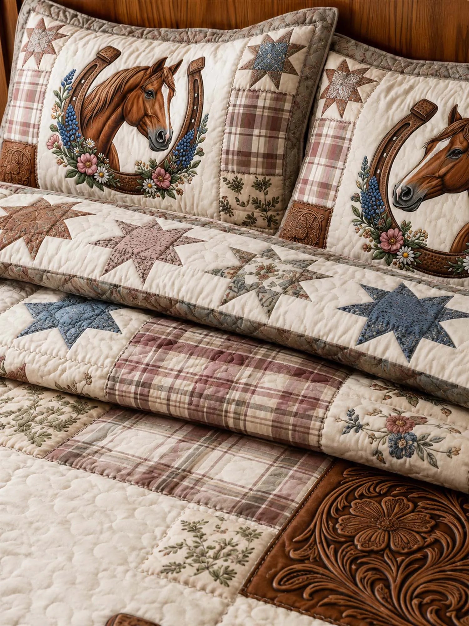 Western Horse Quilted 3-Piece Bedding Set – Luxury Quilted Bedding with Matching Pillow Shams