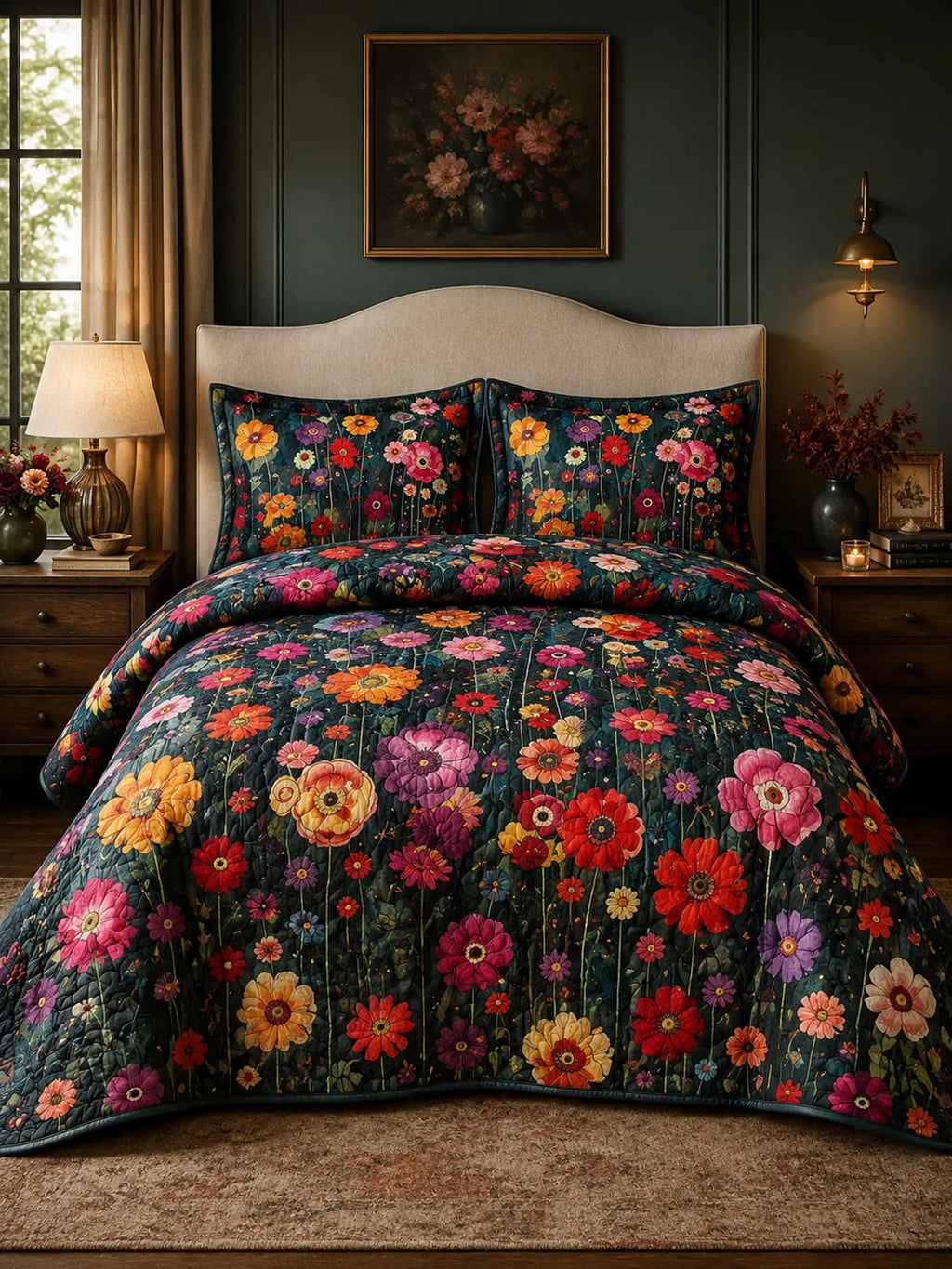 Dark Vintage Wildflower Garden Quilted 3‐Piece Bedding Set