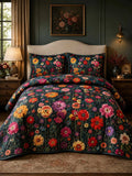 Dark Vintage Wildflower Garden Quilted 3‐Piece Bedding Set