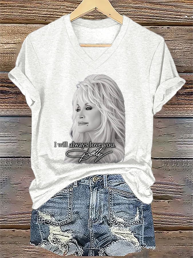 V-Neck Retro I Will Always Love You Print T-Shirt