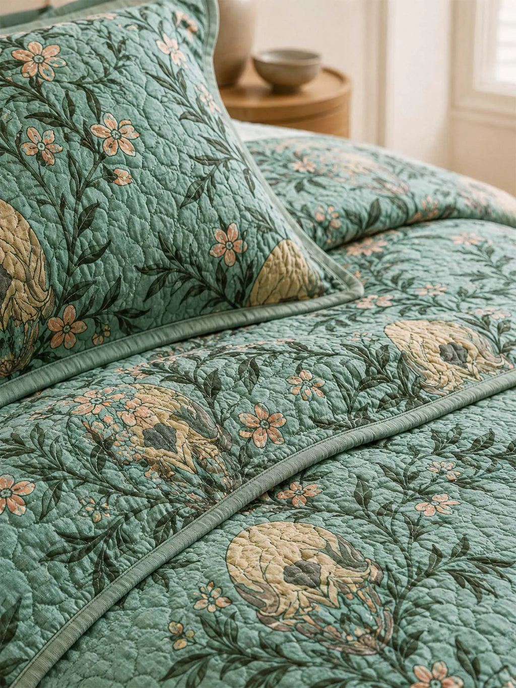Vintage Skull Botanical Quilted 3-Piece Bedding Set